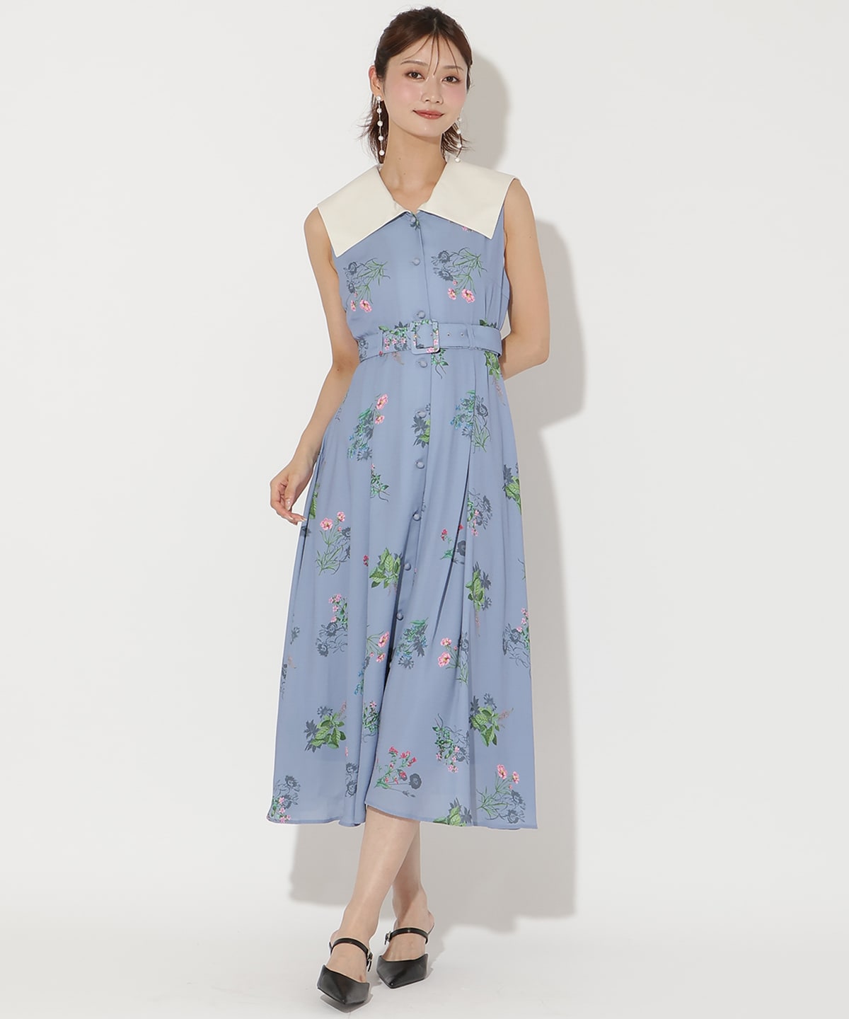 ドローイングフラワー配色襟ワンピース