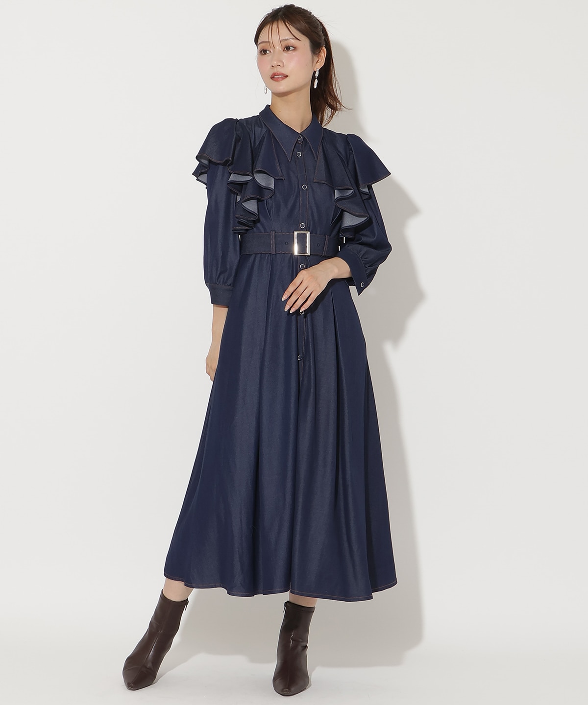 フリルケープ7分袖ワンピース