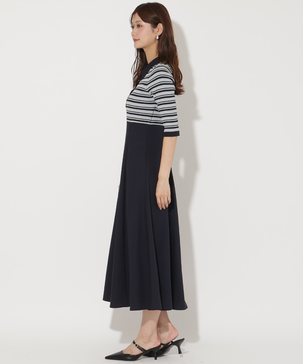 襟付きボーダードッキングワンピース