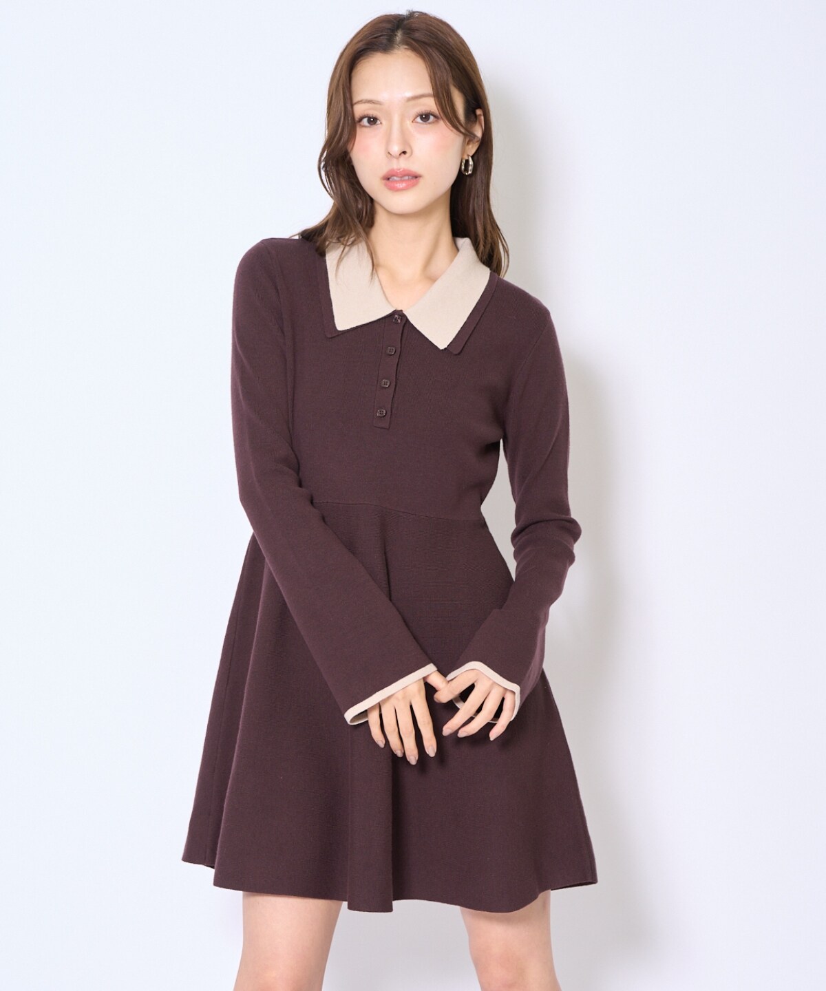 バイカラーポロニットフレアミニワンピース