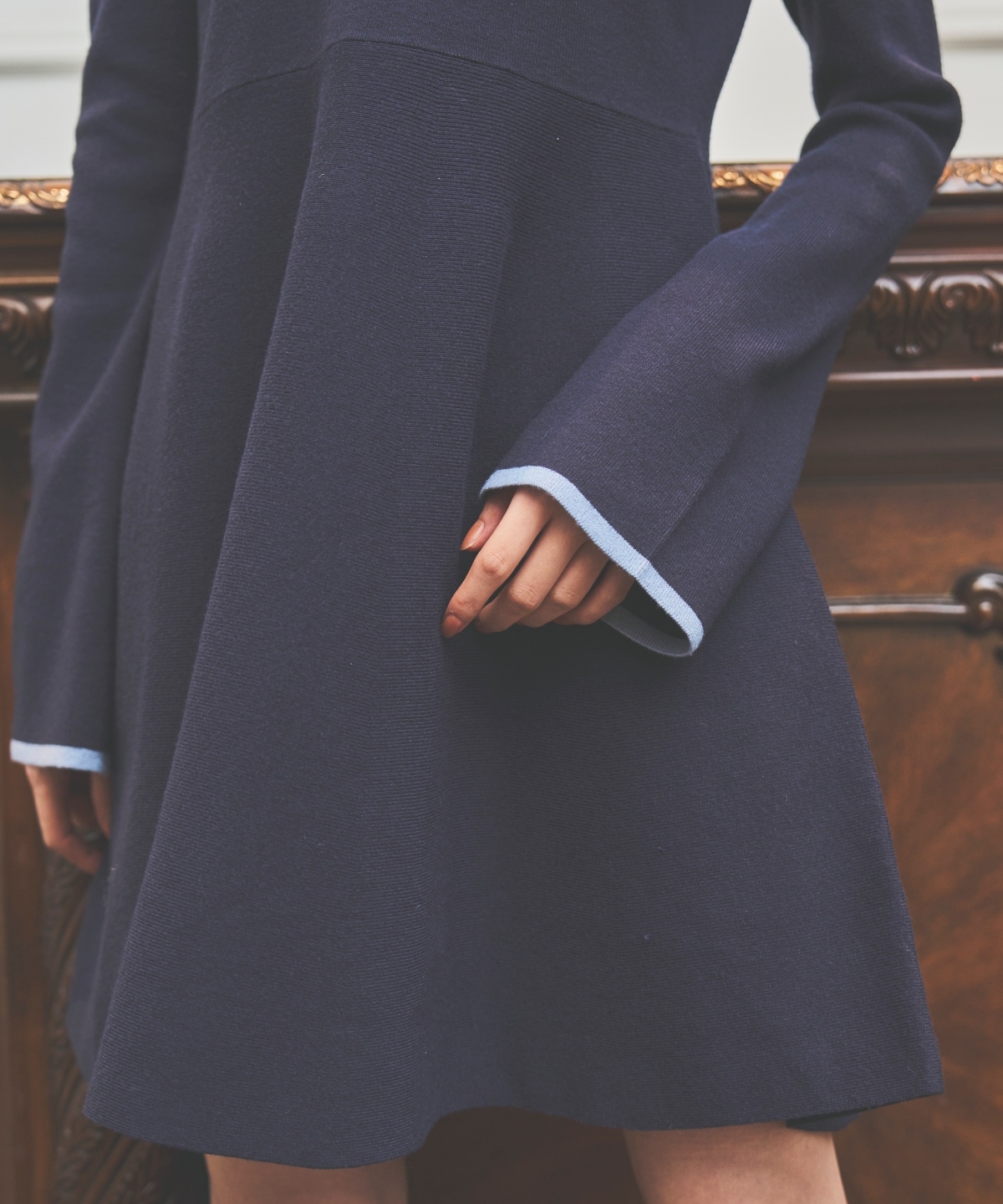 バイカラーポロニットフレアミニワンピース