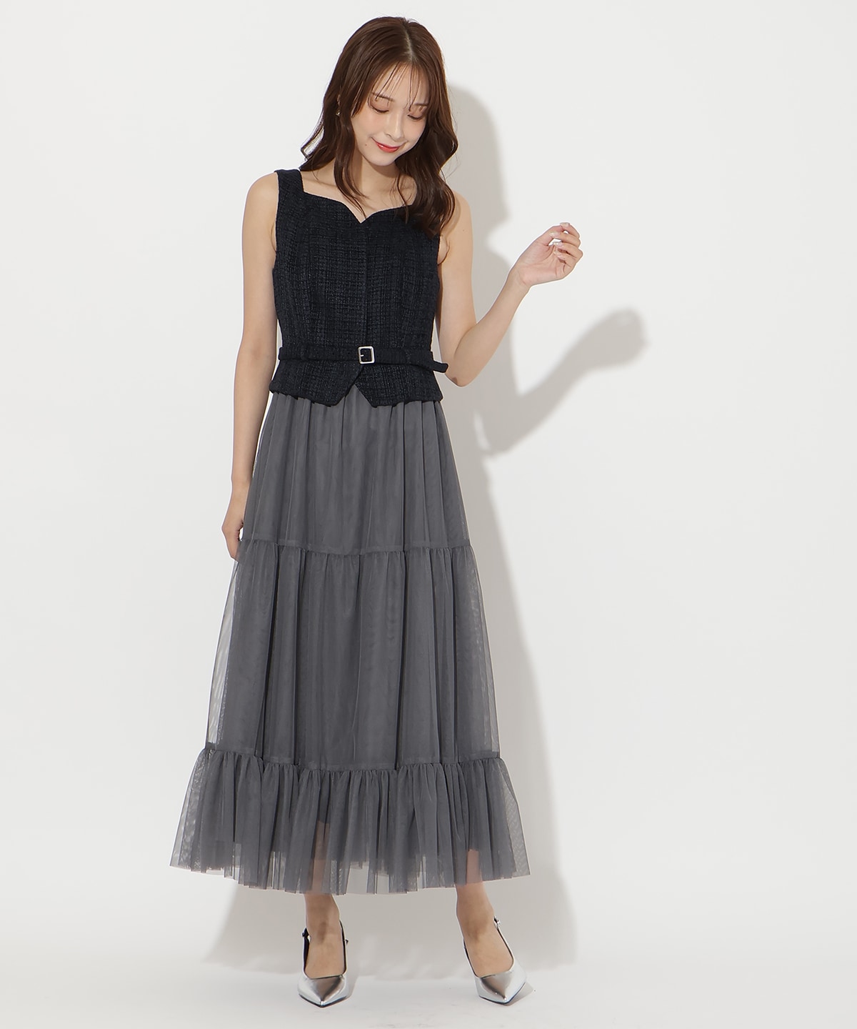 ツイード×チュールドッキングワンピース