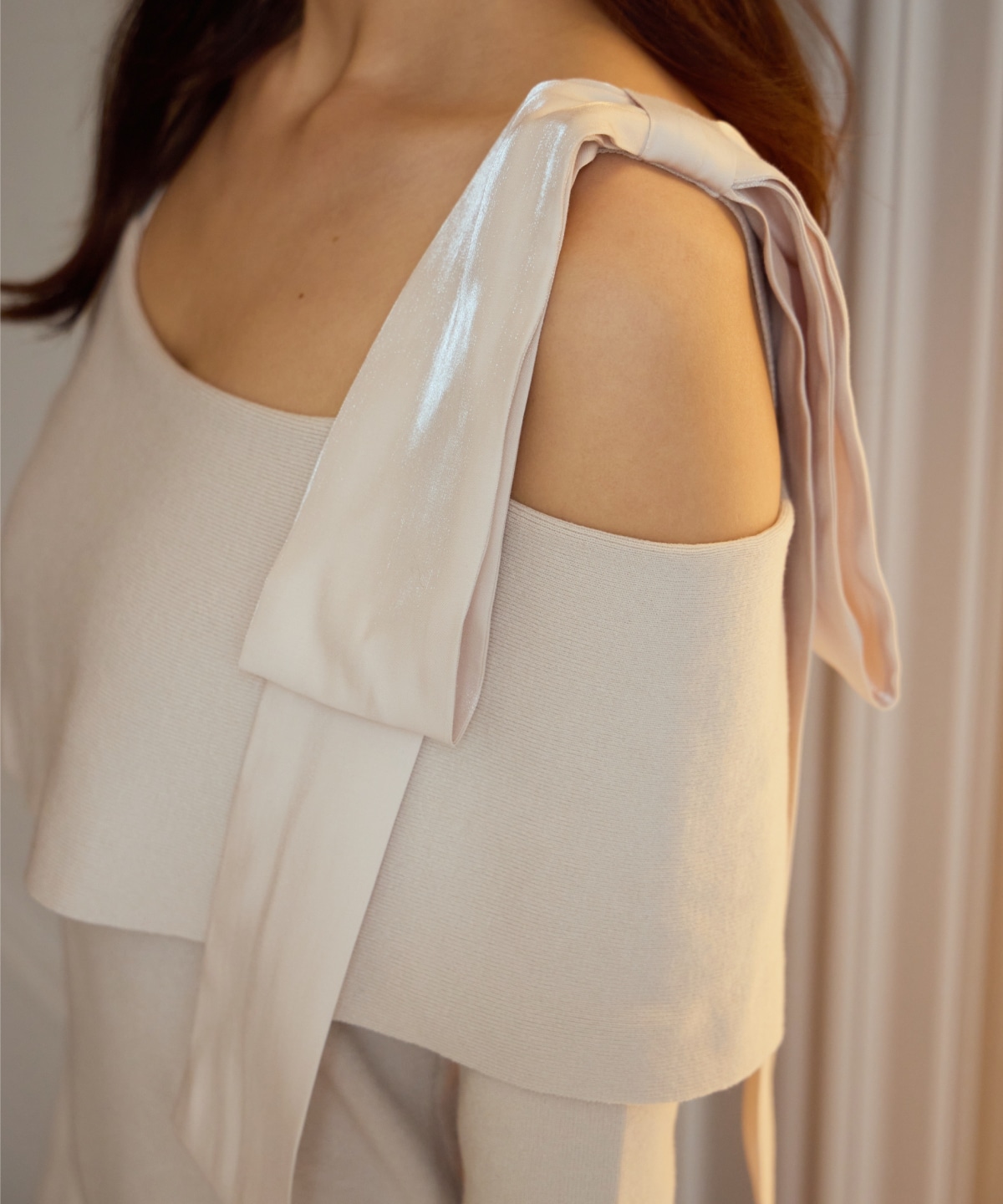 ショルダーリボンニットドッキングワンピース