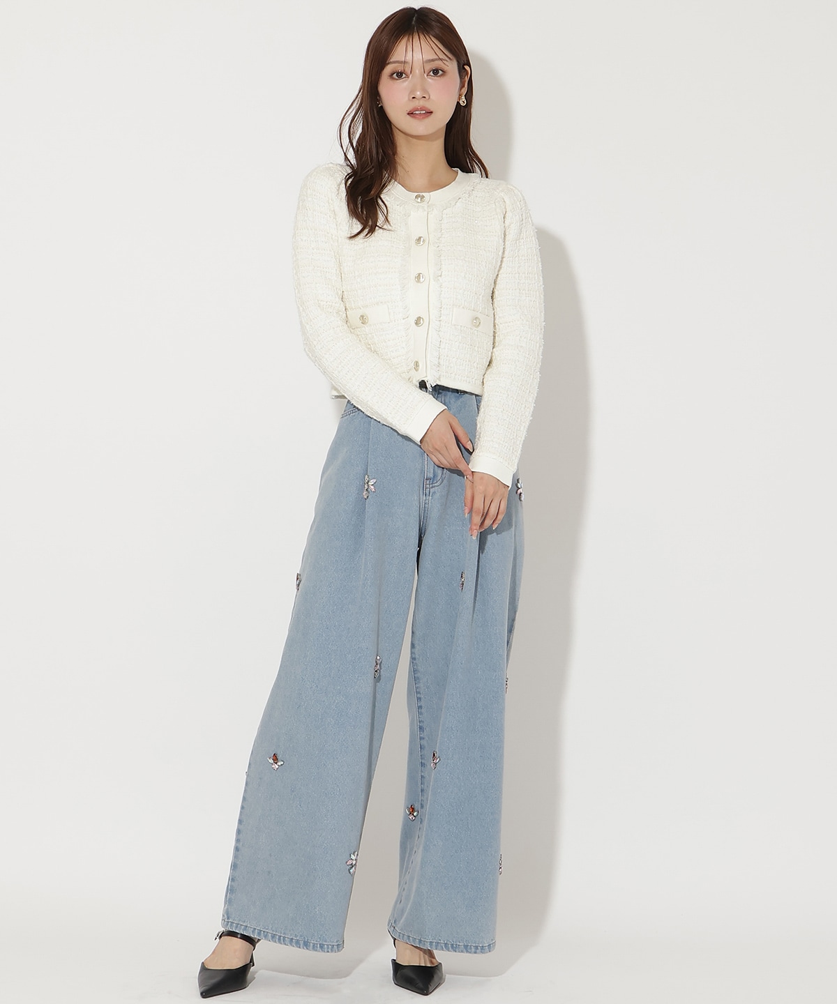 ツイードライクニットカーディガン