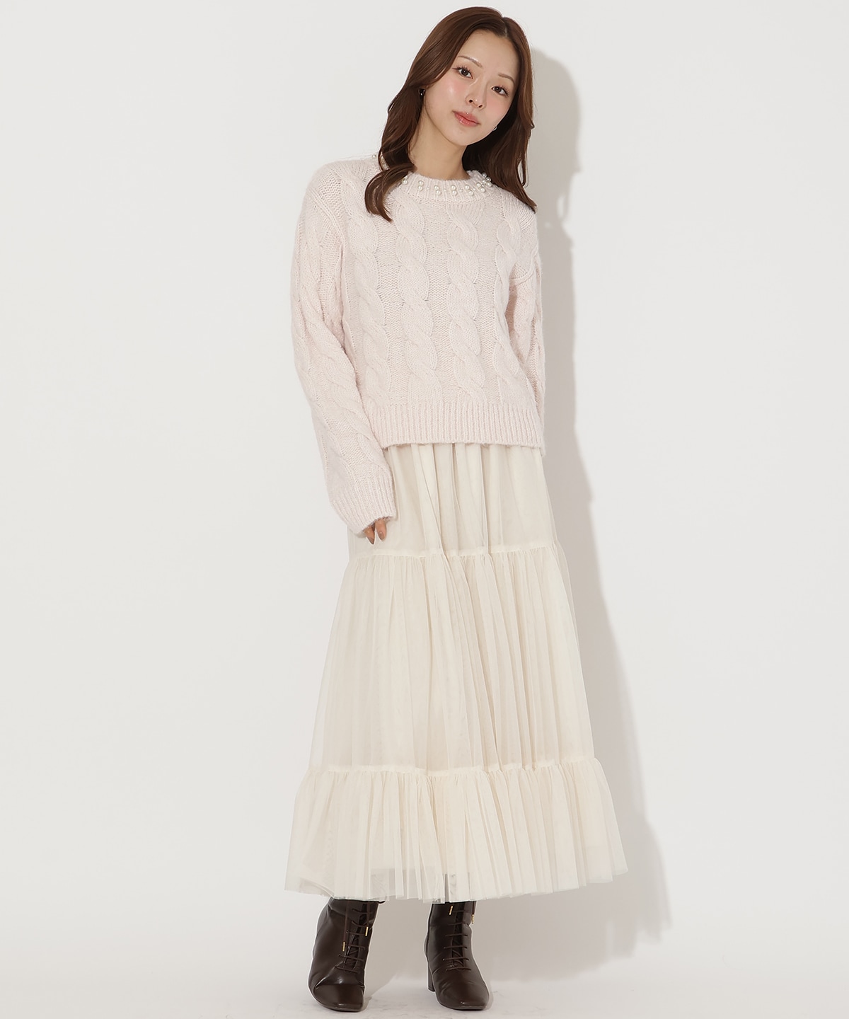 パール襟ケーブルニットプルオーバー