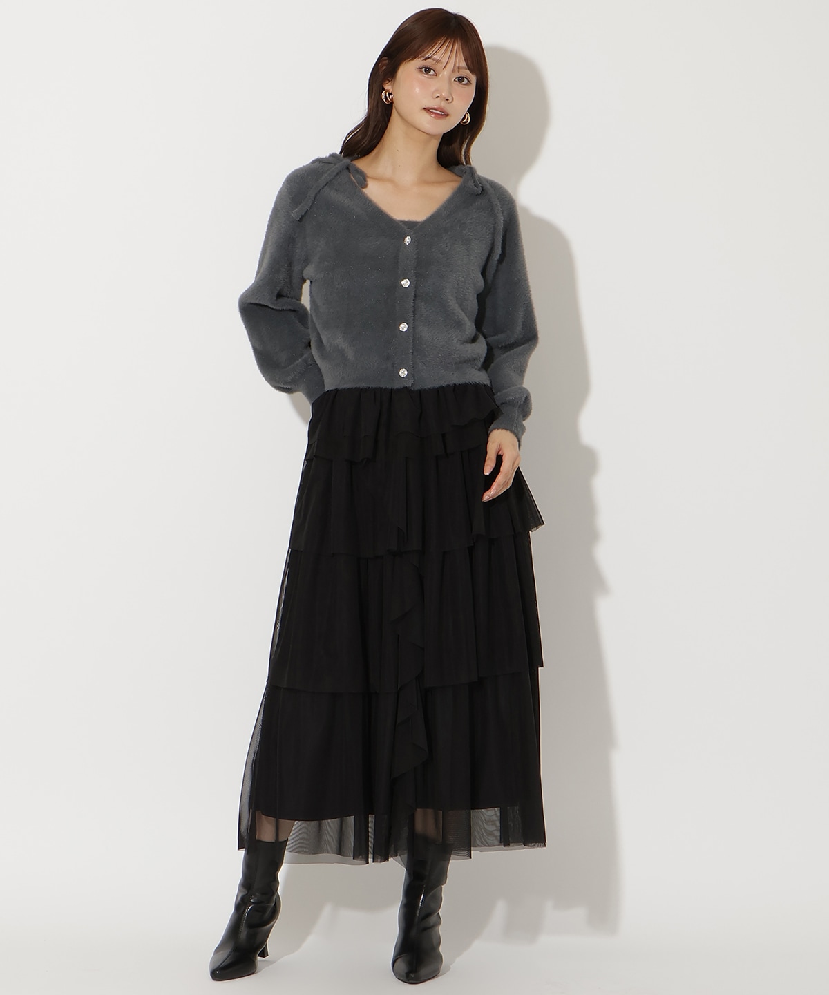 ラメフェザーショルダーリボンアンサンブル