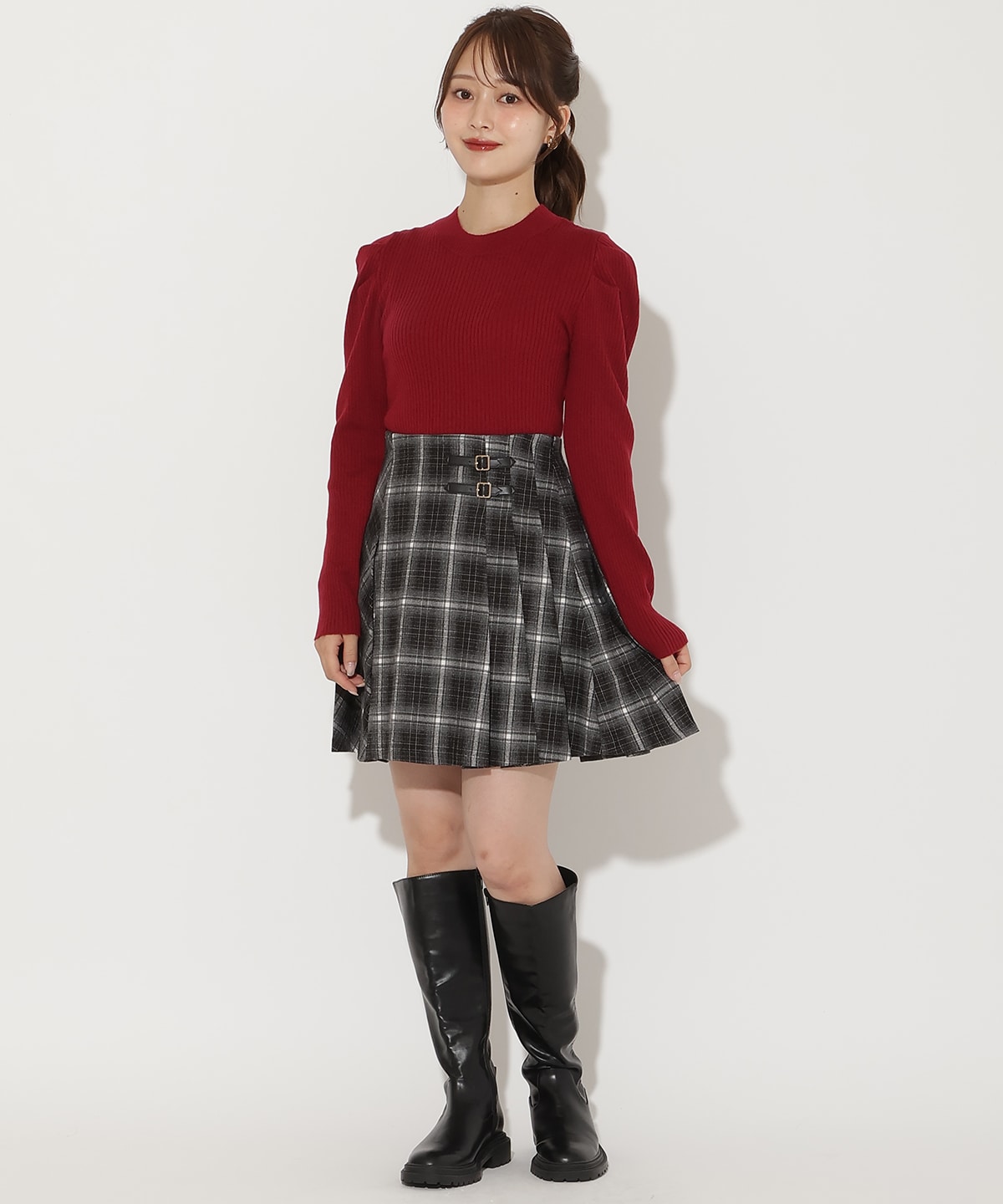 肩ギャザーハイネックリブニット