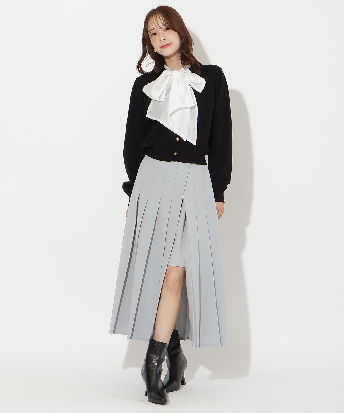 異素材リボンニットカーディガン