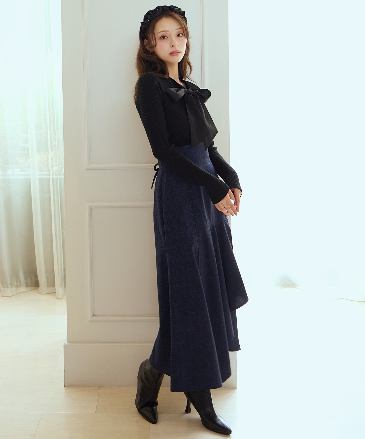 リボンボウタイ付きリブプルオーバー