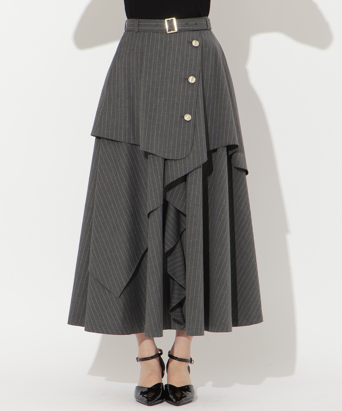 【先行予約受付中】ベルト付きレイヤードデザインフレアスカート