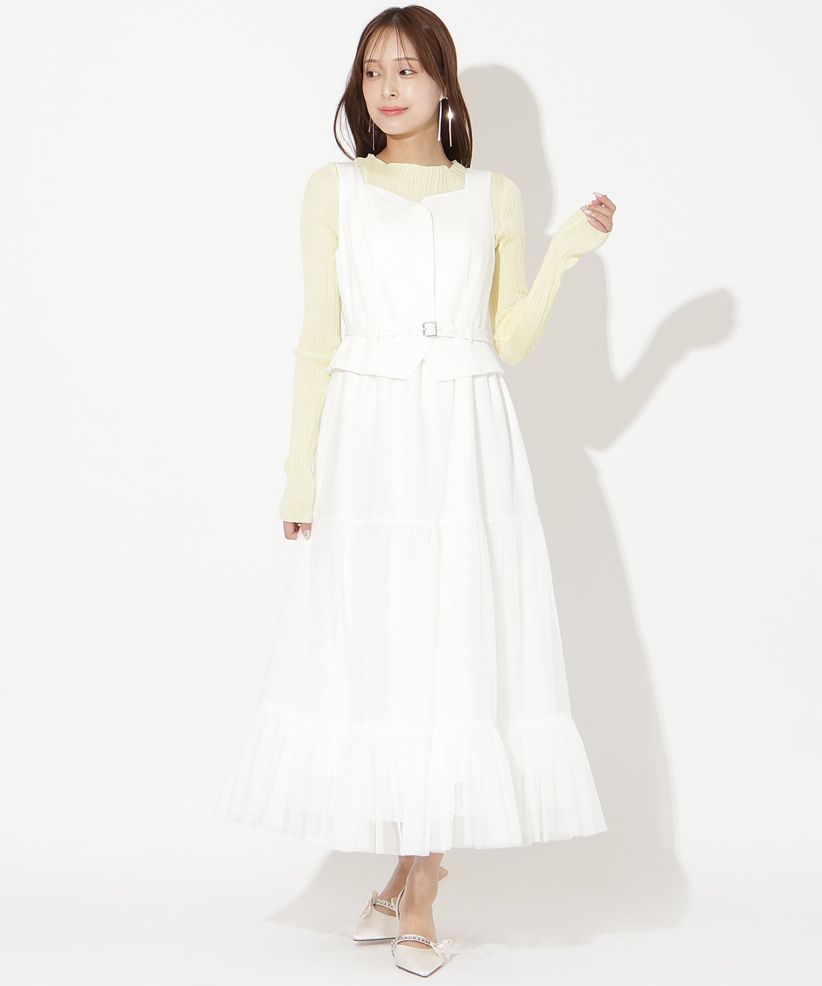 異素材ドッキングチュールワンピース