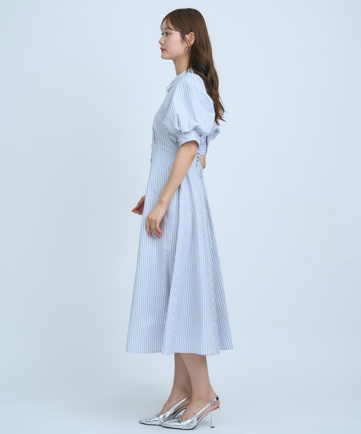 【先行予約受付中】ボリュームスリーブストライプワンピース