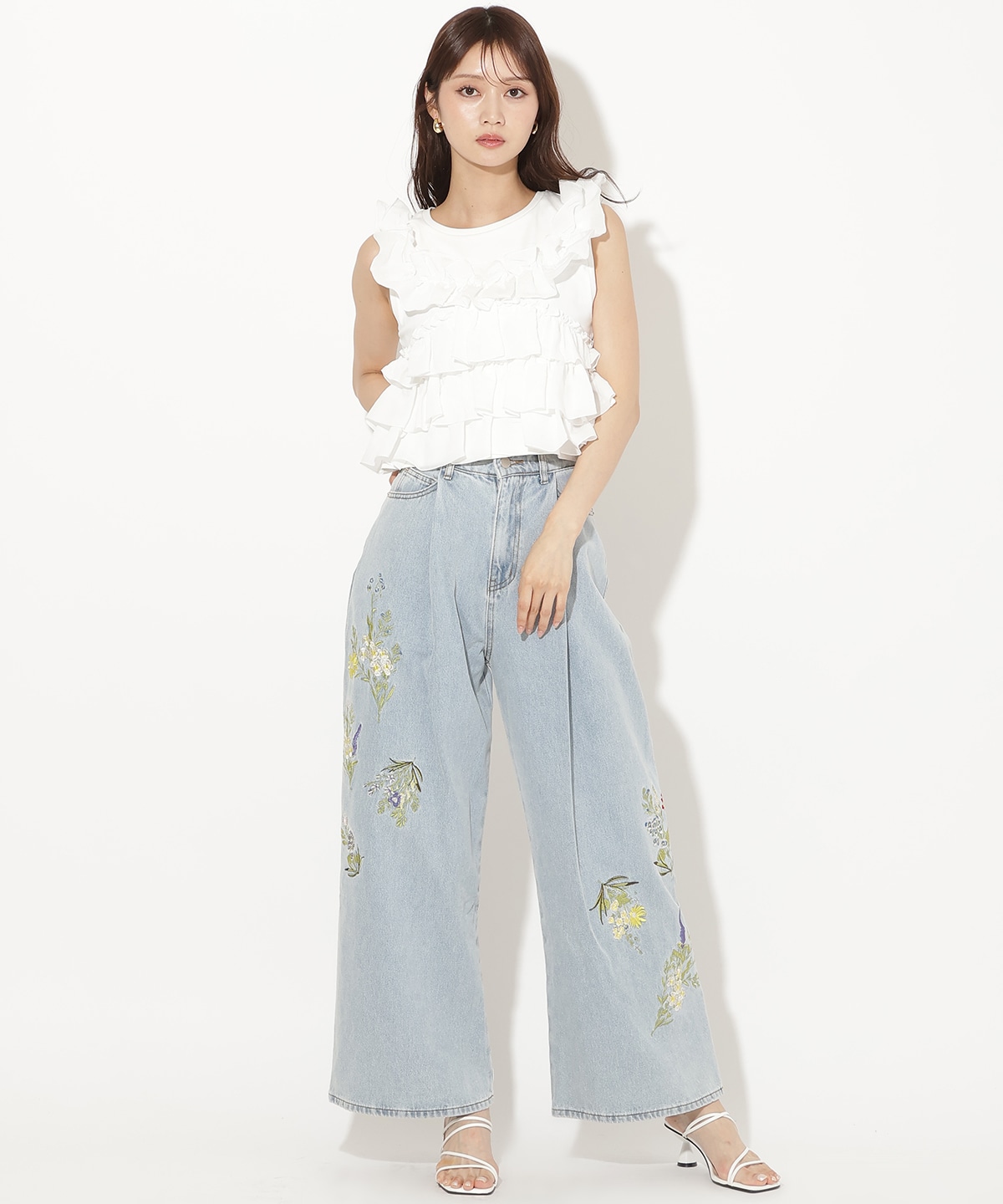 ティアードフリルコンビノースリーブTシャツ