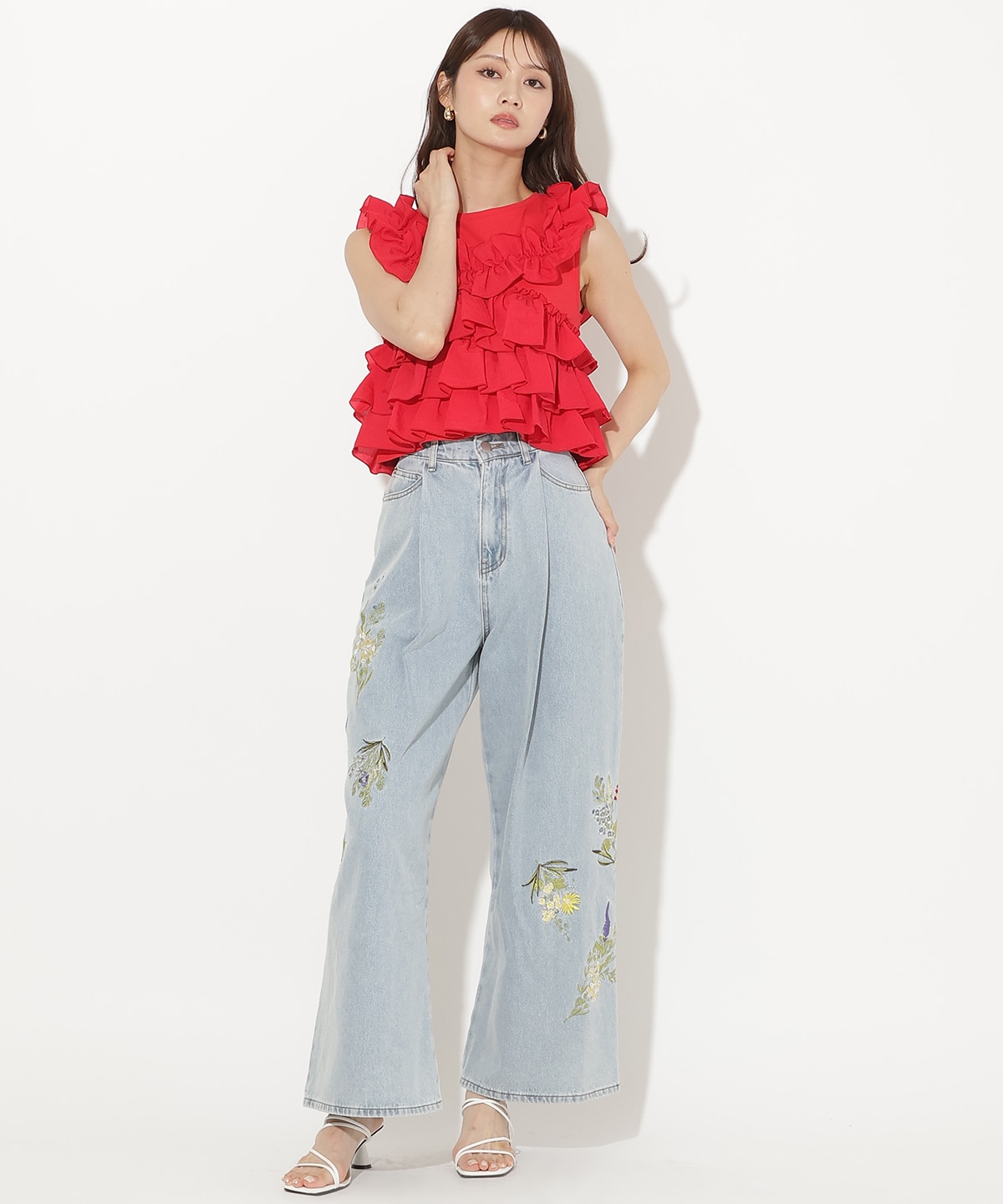 ティアードフリルコンビノースリーブTシャツ