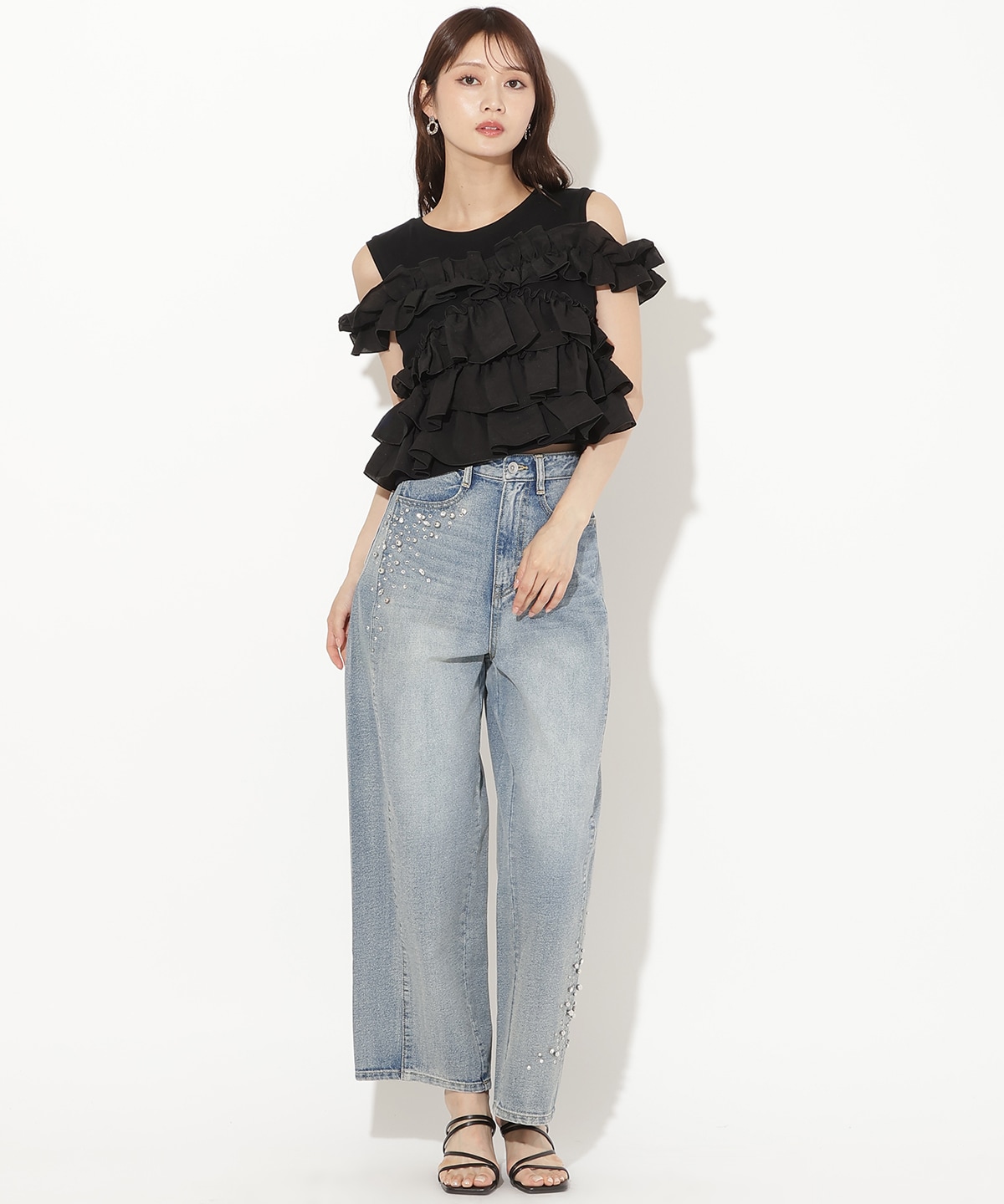 ティアードフリルコンビノースリーブTシャツ