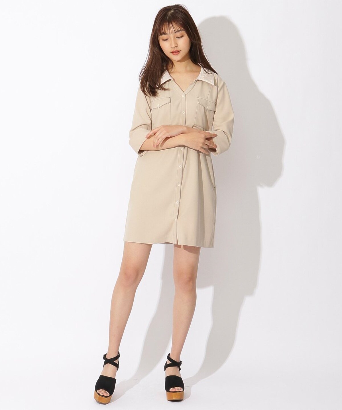 襟花柄ジャガードミニシャツワンピース S ベージュ Redyazel 公式オンラインショップ バーンデストローズ