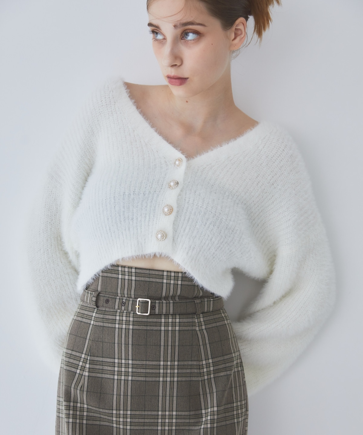 チェック×レースタイトスカート