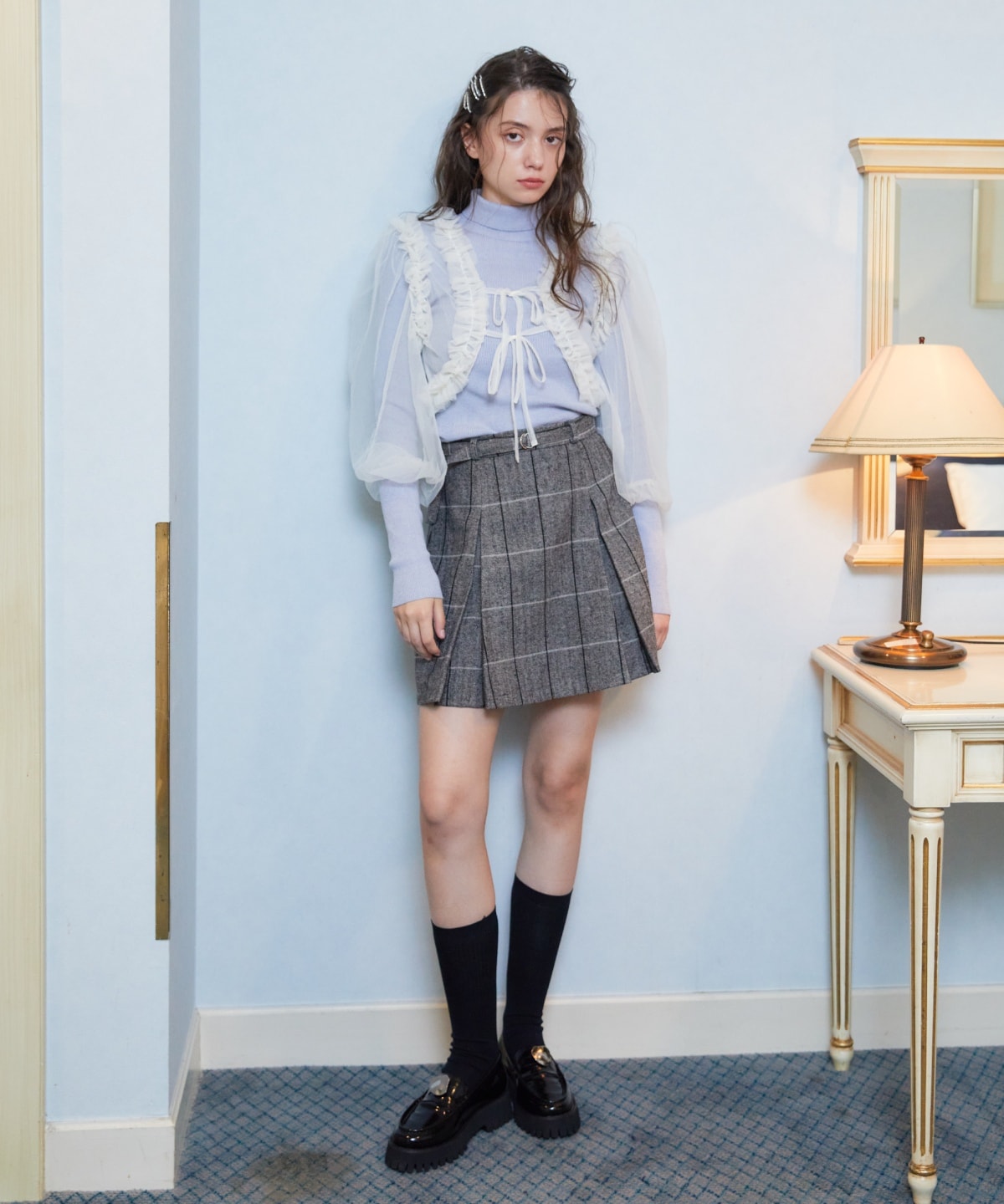 【セットアップ可能】ヘリンボーンチェックタックミニスカート