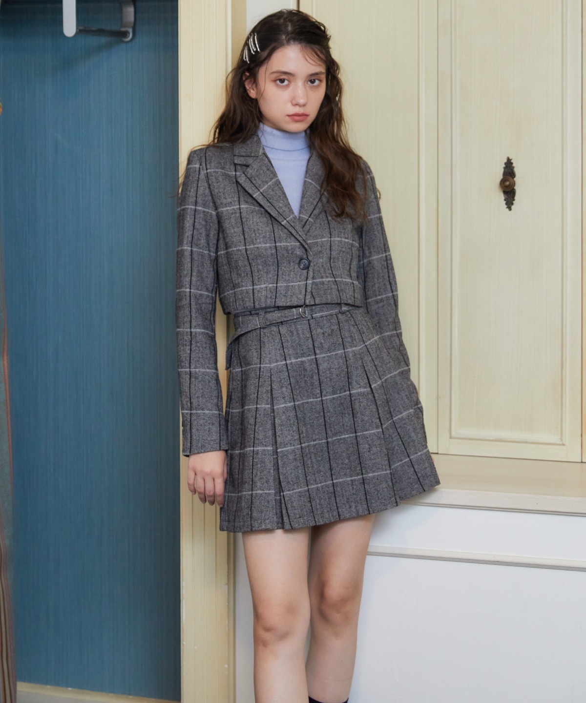 【セットアップ可能】ヘリンボーンチェックテーラーショートジャケット