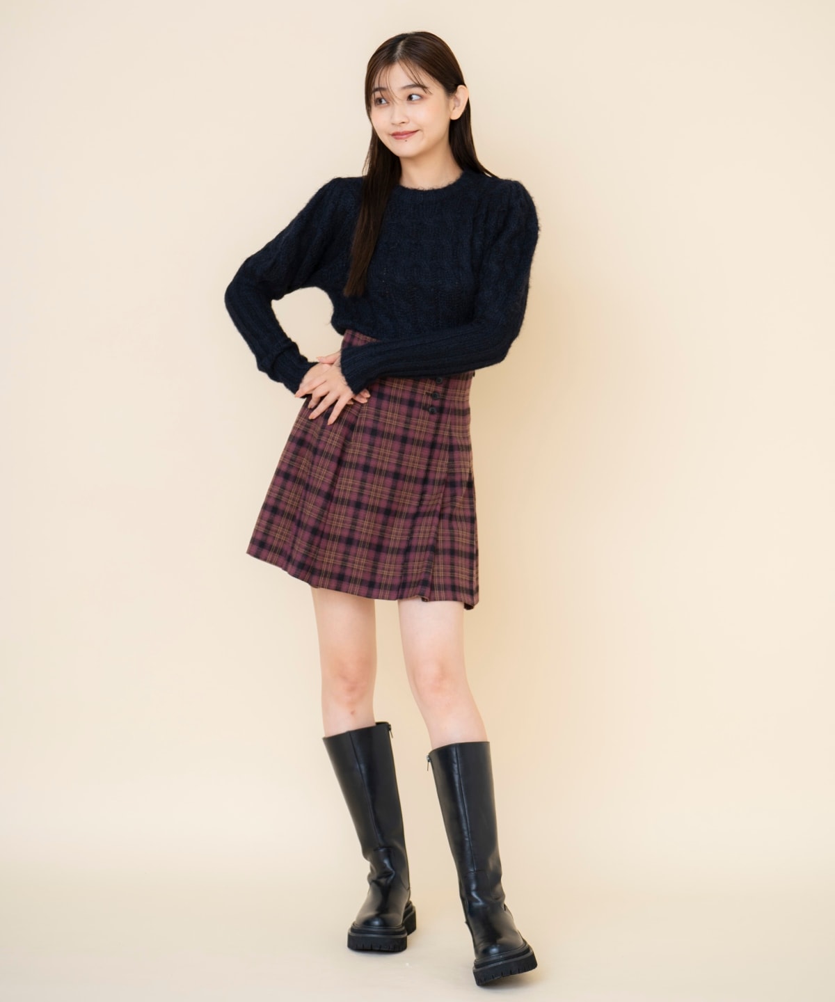 ケーブルパフスリーブニットトップス