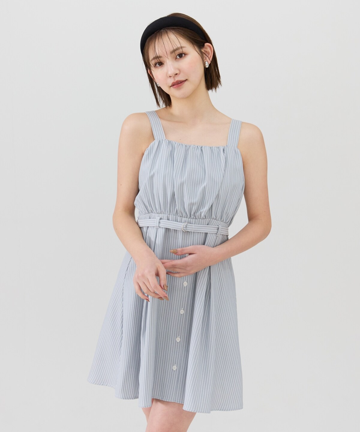 フロントシャーリングシャツ＆ストライプミニワンピースセット