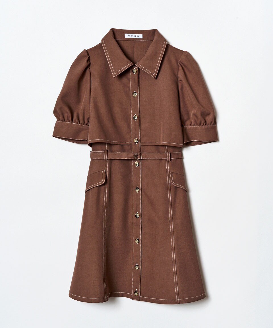 レイヤードデザインバイカラーステッチミニシャツワンピース