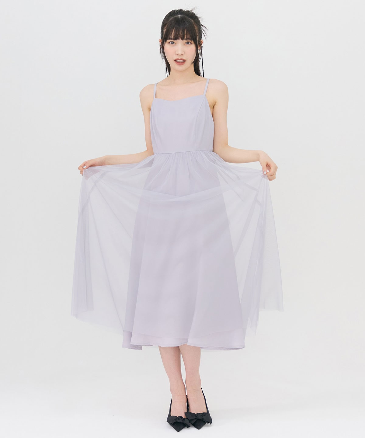 チュールフリルブラウス×キャミワンピースドレス