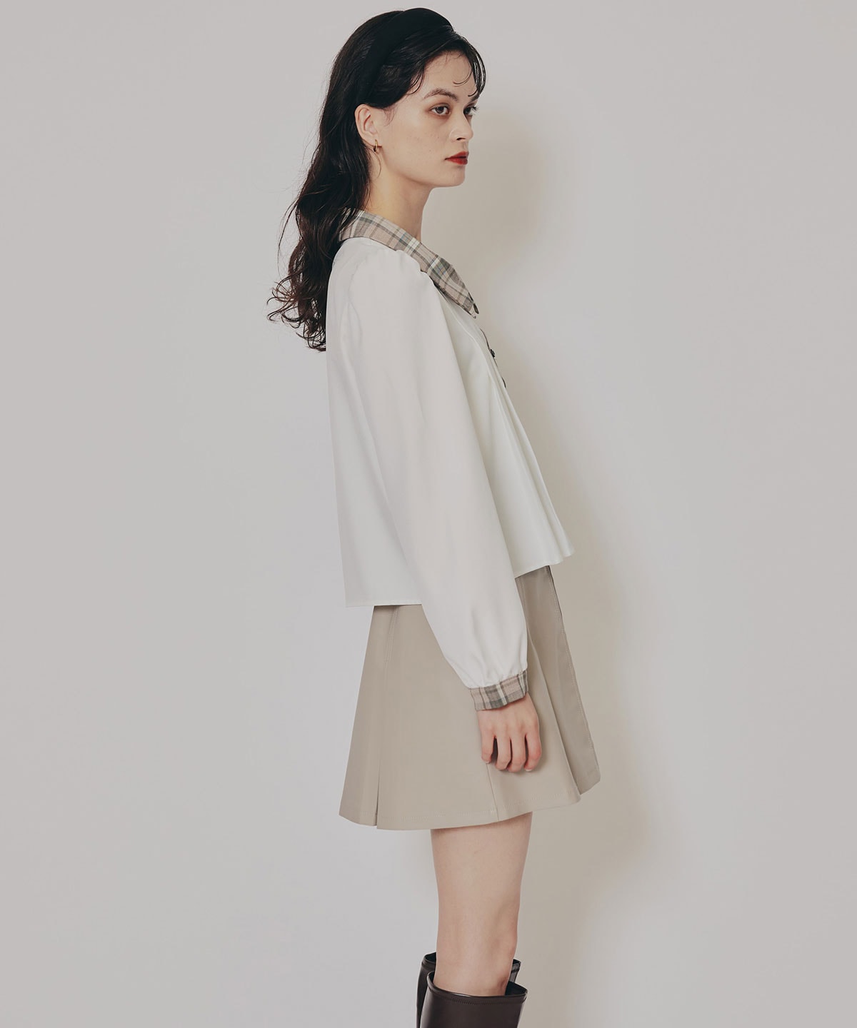 チェックバイカラーリボンタイブラウス