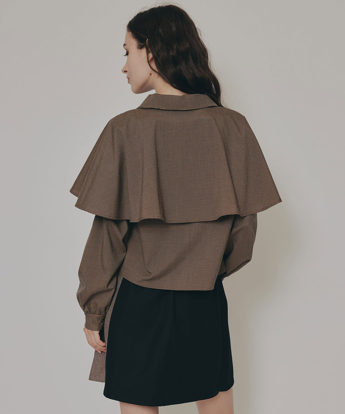 ケープライクグレンチェックリボンタイブラウス