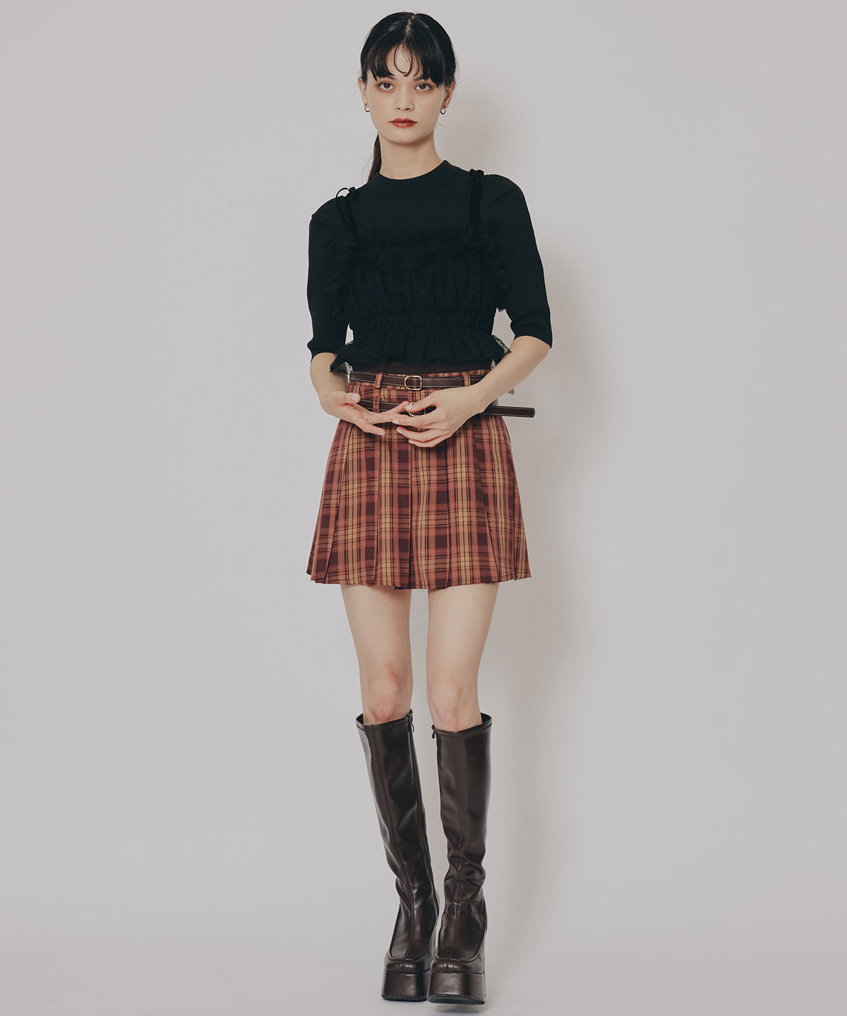 ダブルベルトチェックプリーツミニスカート