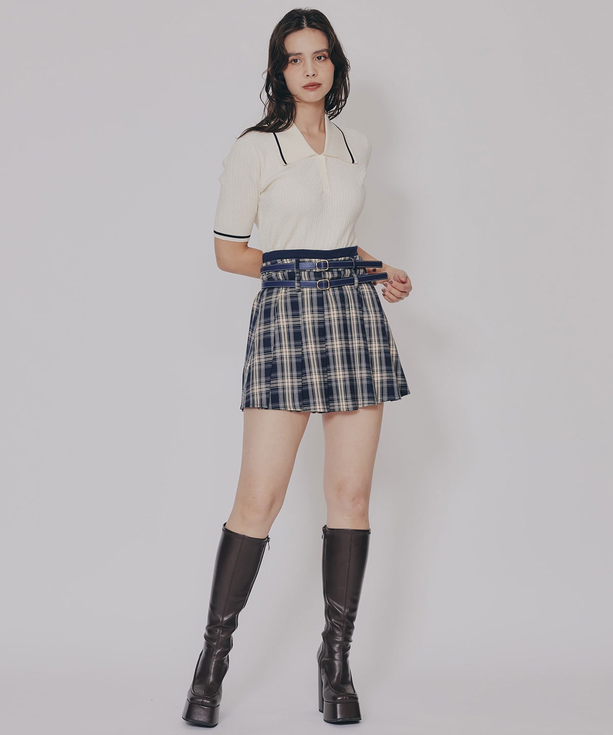 ダブルベルトチェックプリーツミニスカート