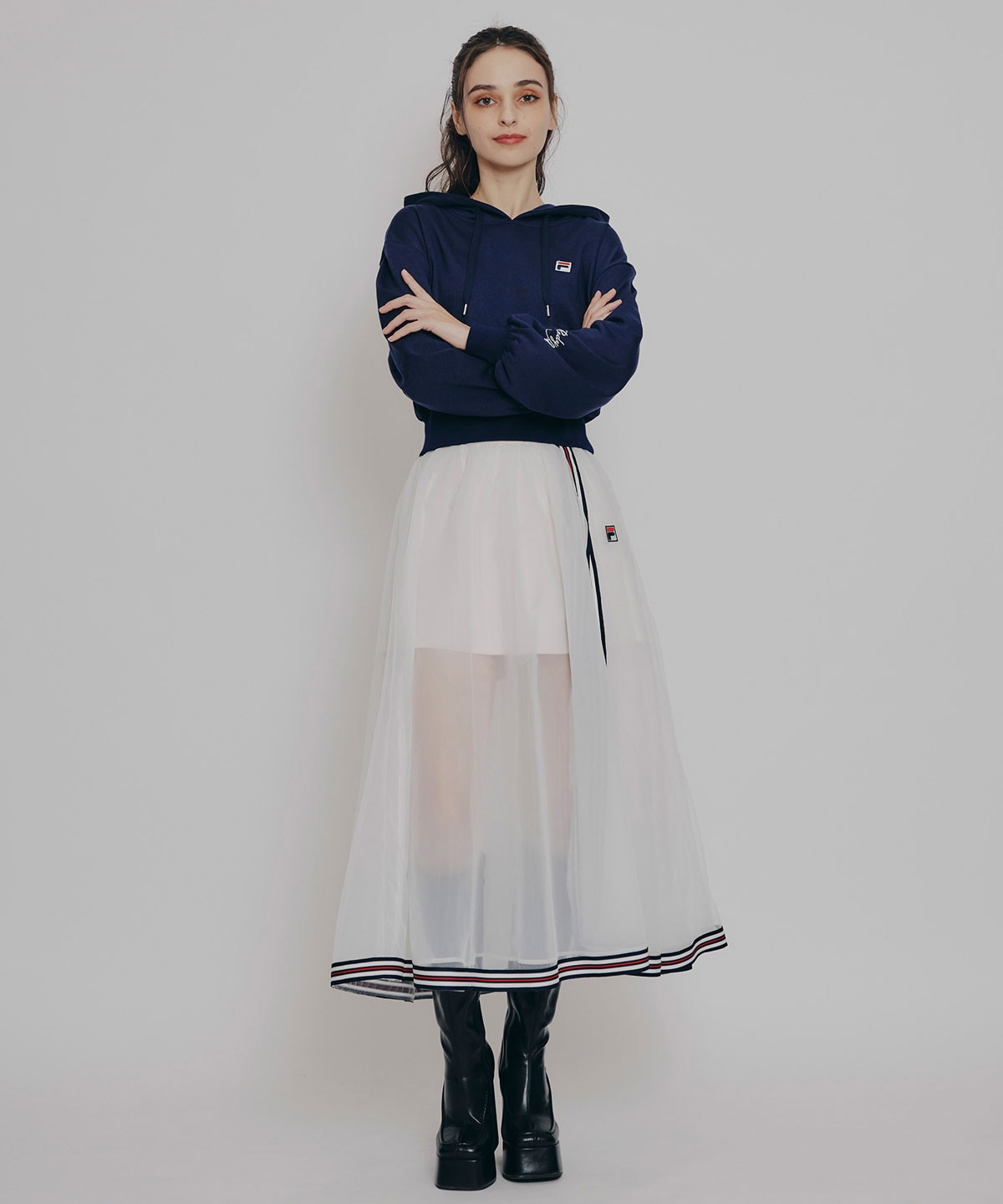 ［FILA×REDYAZEL］チュールレイヤードショートパンツ×トリコロールラインスリットロングスカート