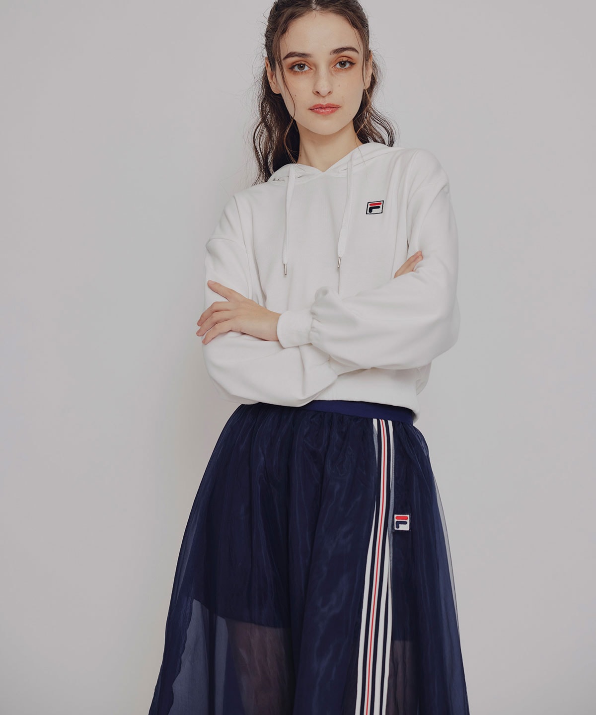 ［FILA×REDYAZEL］チュールレイヤードショートパンツ×トリコロールラインスリットロングスカート