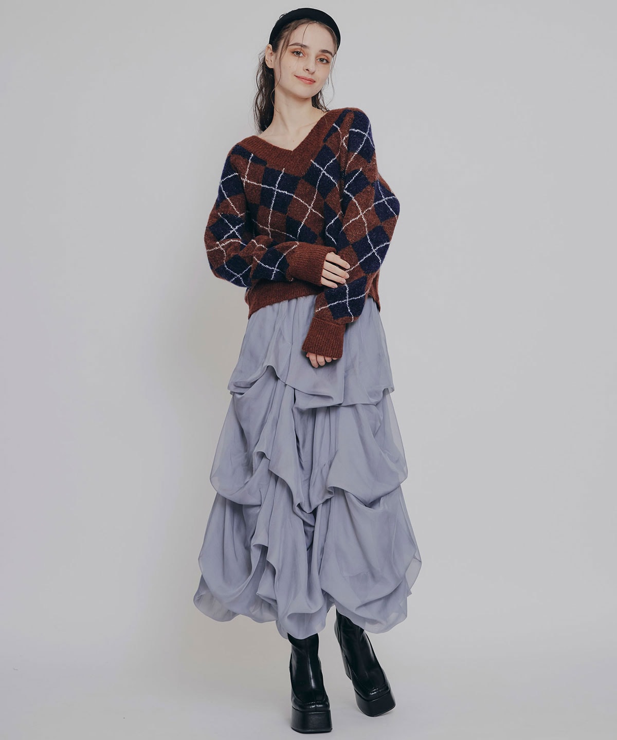 タックバルーンボリュームシフォンロングスカート