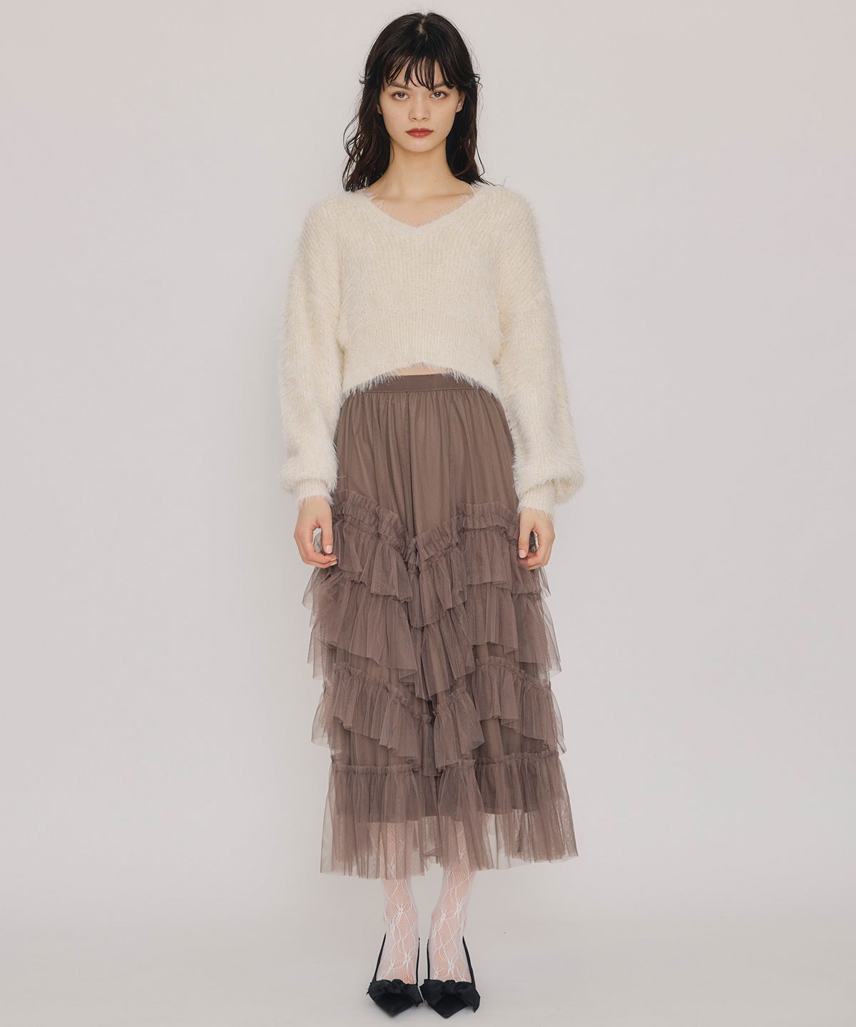 ギャザーチュールティアードロングスカート