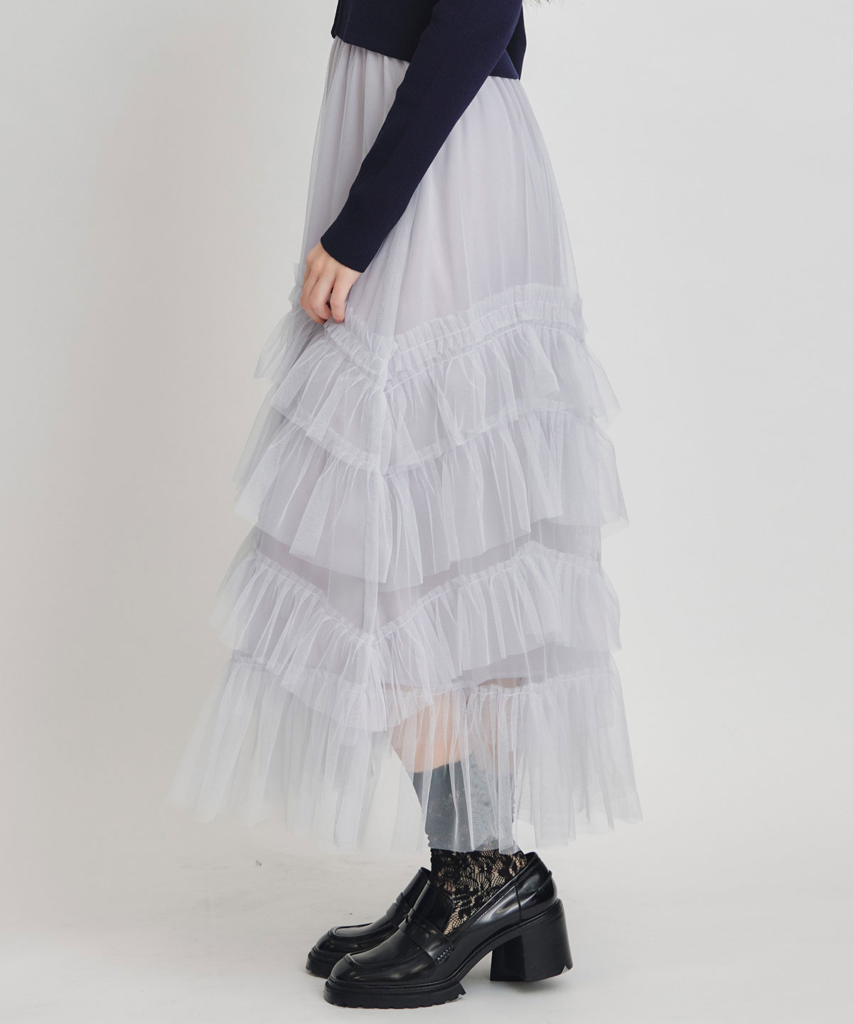 ギャザーチュールティアードロングスカート