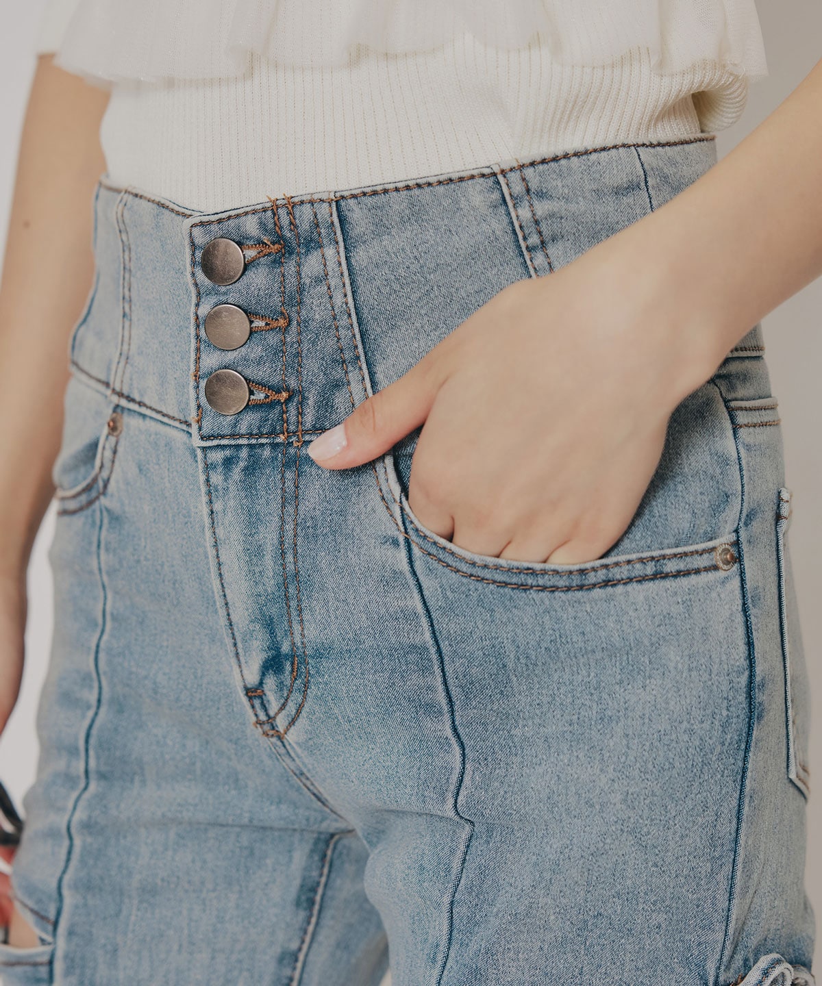 カットアウトリボンストレッチデニム