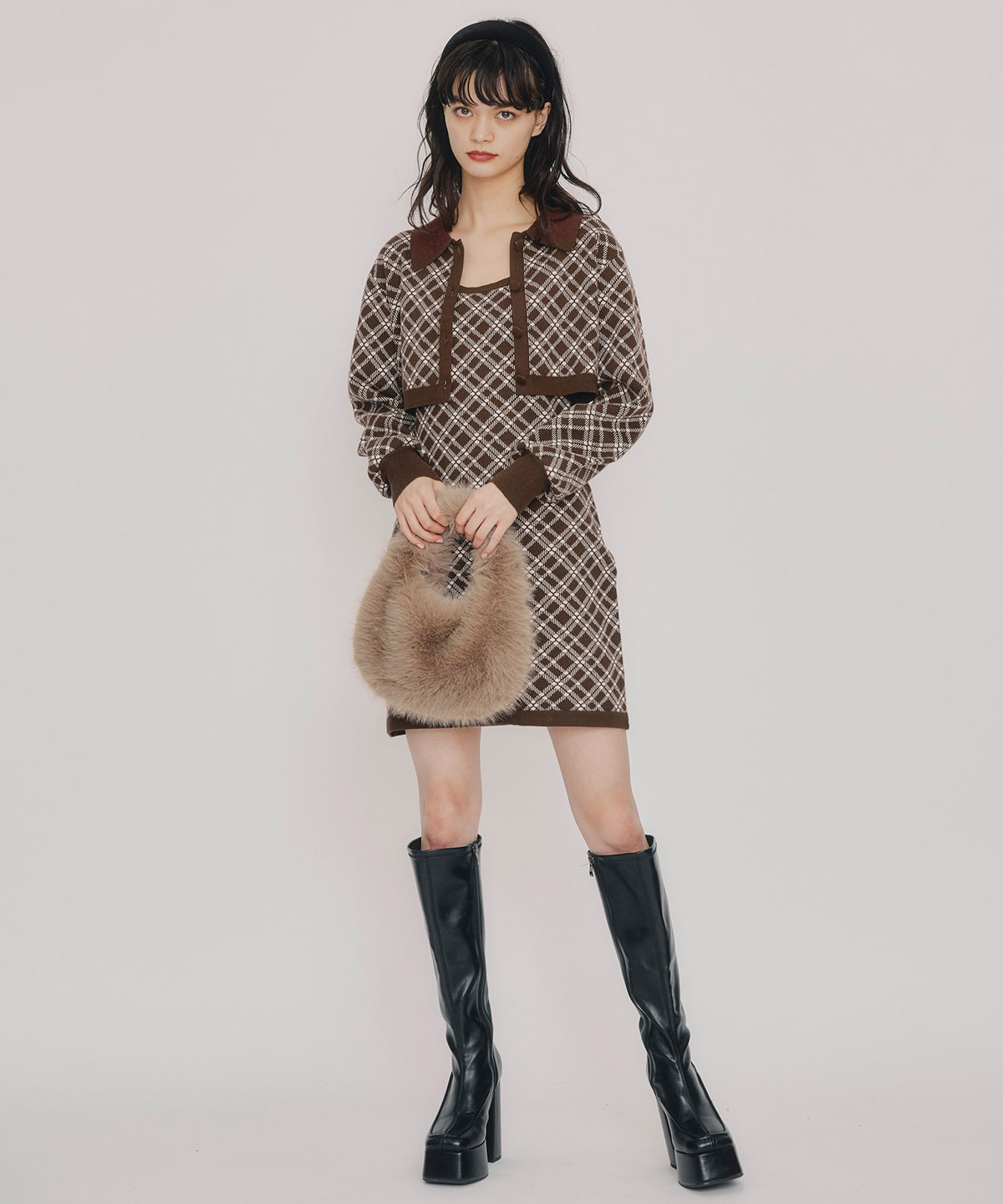 クラシカルニットカーディガン×キャミソールニットワンピースセットアップ