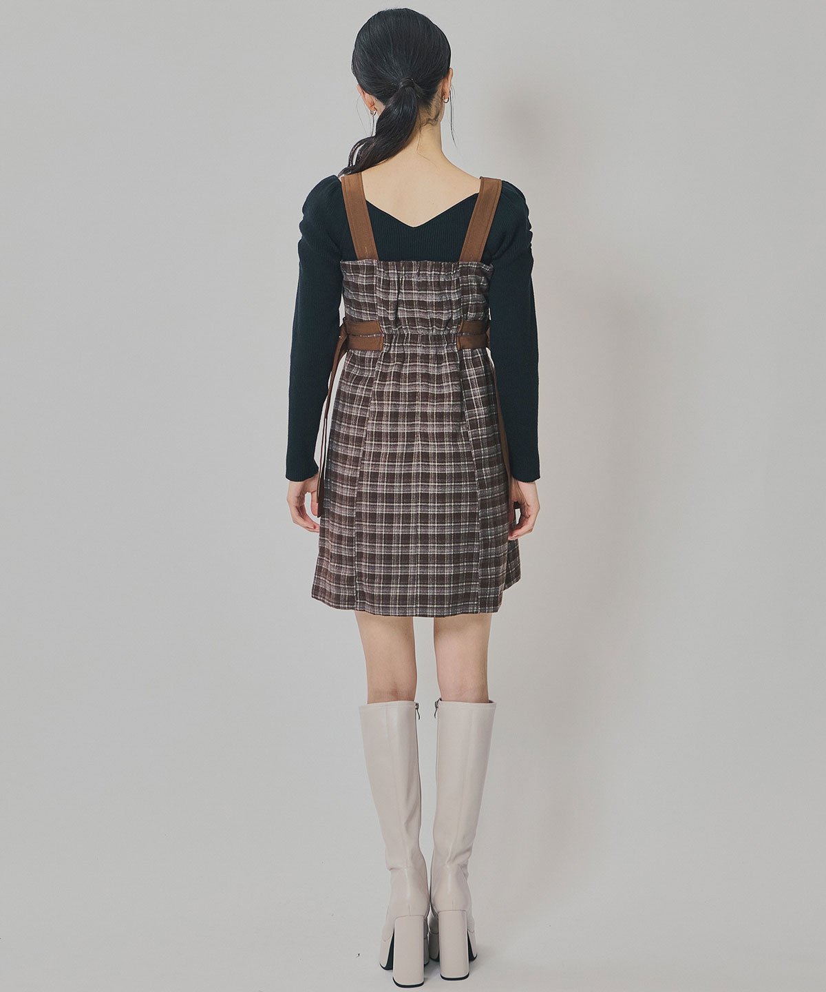 チェックショートジャケット×Wベルトワンピースセットアップ