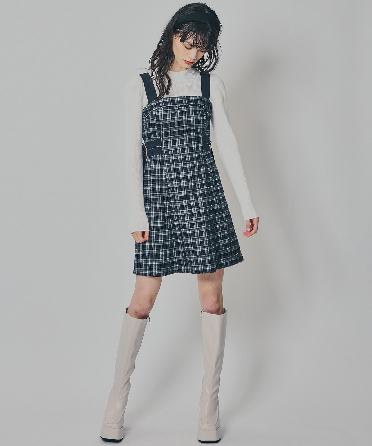 チェックショートジャケット×Wベルトワンピースセットアップ