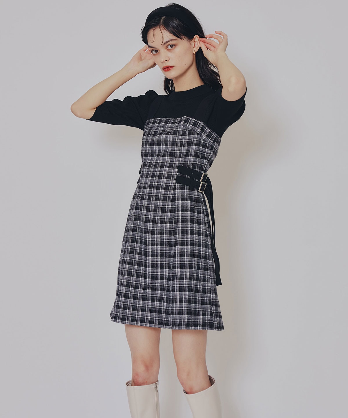チェックショートジャケット×Wベルトワンピースセットアップ