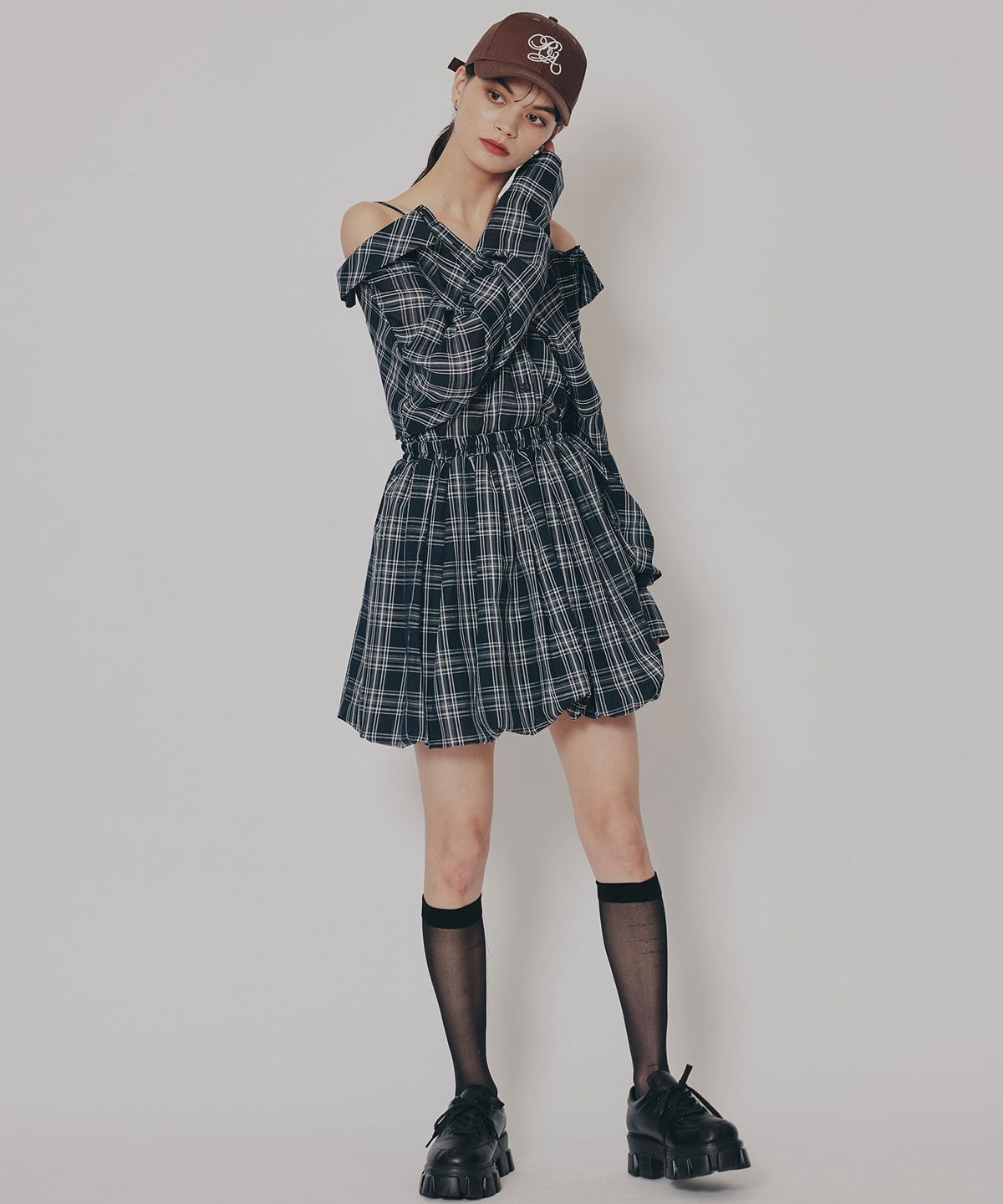 マルチWAYチェックブラウス×バルーンスカートセットアップ