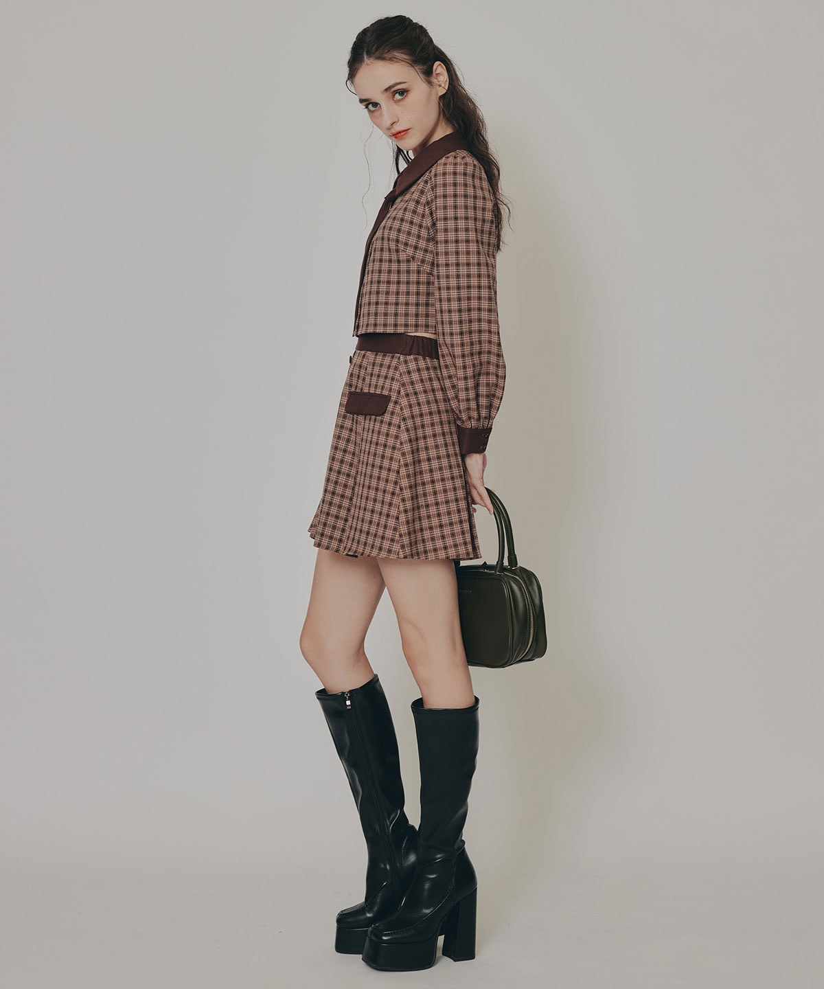 バイカラークラシックチェックブラウス×ミニスカートセットアップ