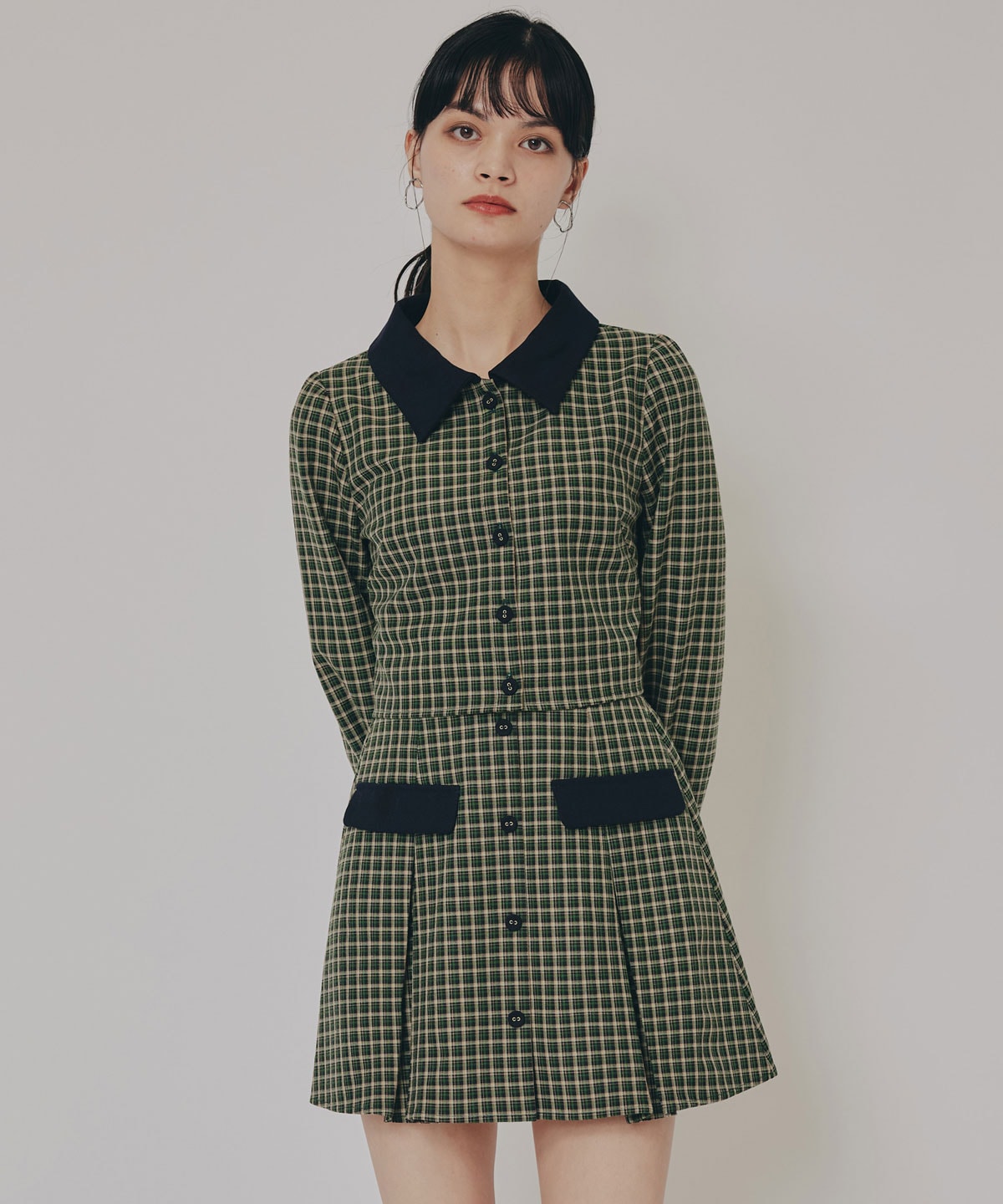 バイカラークラシックチェックブラウス×ミニスカートセットアップ