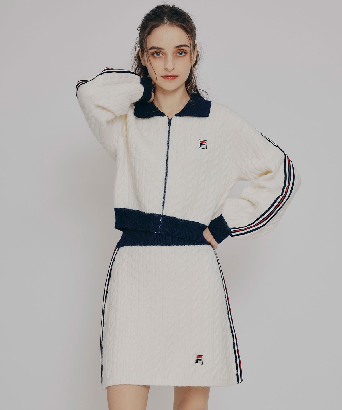 ［FILA×REDYAZEL］ケーブルニットトリコロールラインジャケット×タイトミニスカートセットアップ