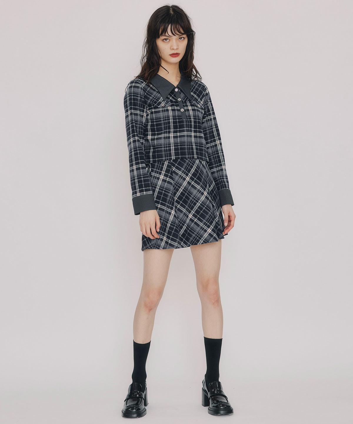バイアスチェックショートブラウス×プリーツミニスカートセットアップ