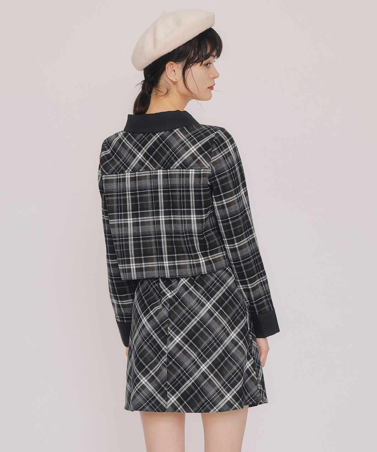バイアスチェックショートブラウス×プリーツミニスカートセットアップ