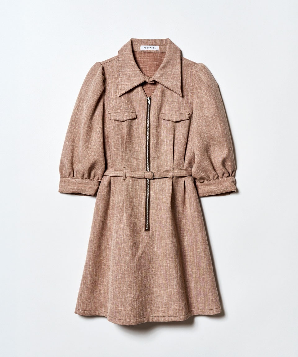 No.847 FILA 秋色キャメルのチェックプリーツワンピース☆XL☆ カラーミックスフロントZIPワンピース(S キャメル): REDYAZEL