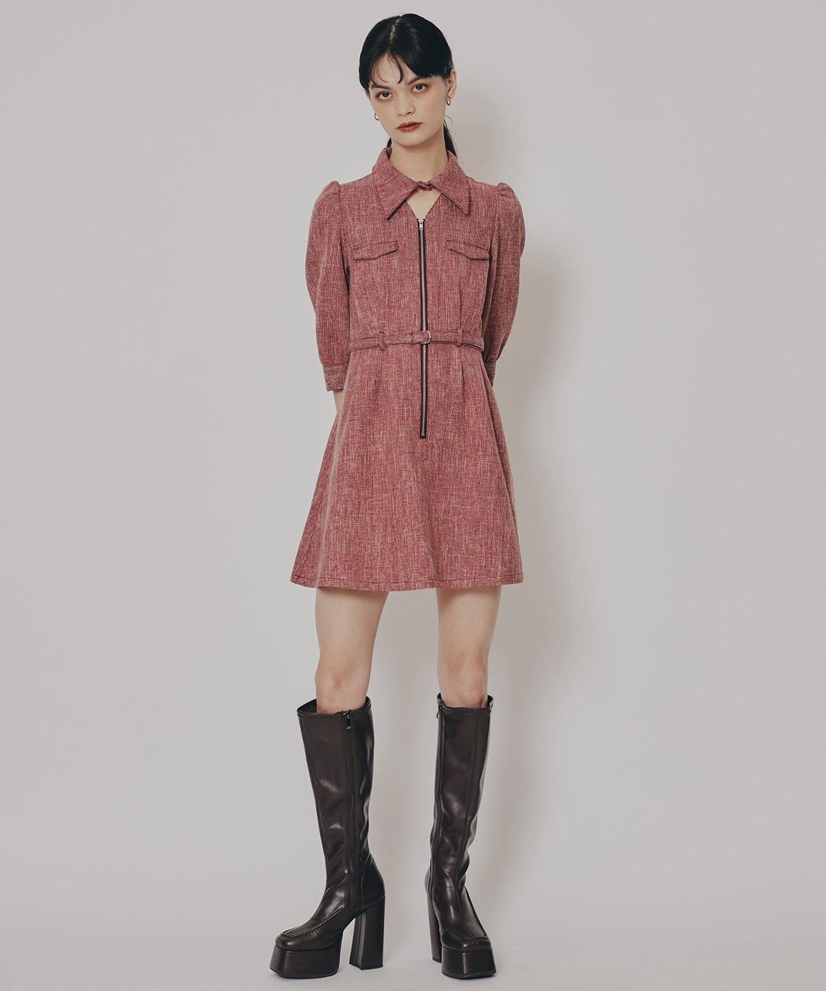 カラーミックスフロントZIPワンピース