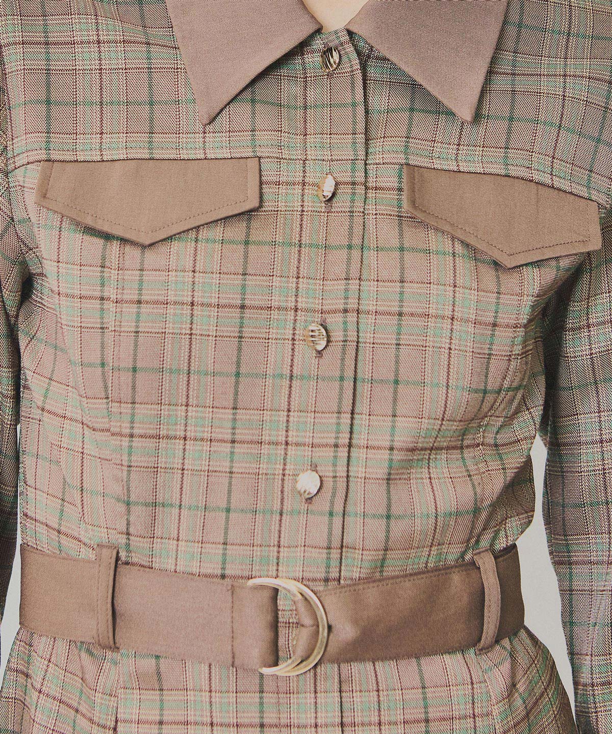 バイカラーチェックボックスプリーツシャツミニワンピース